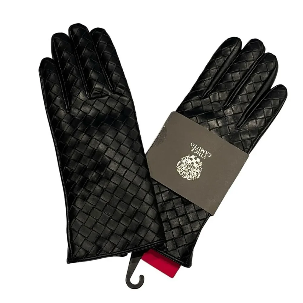 Vince Camuto Black Woven Gloves Faux Leather Fleece Lined Winter Dressy Classic